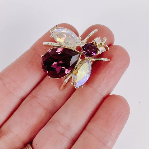 Vintage Mid Century Bee Brooch Purple Rhinestone 60s Figural Insect Bug Jewelry - Picture 3 of 12